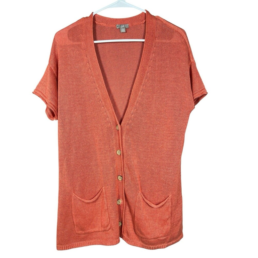 J Jill 100% Linen Cardigan Sweater Petite Small Coastal Beachy Bamboo Orange